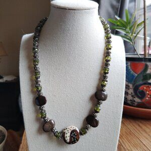 Artisan Beaded Necklace Green Faceted Stones, Glossy Brown Beads & Silver Accent
